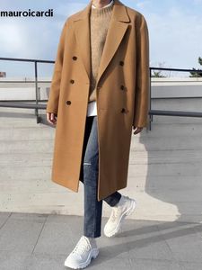 Мужское полушерстяное пальто Mauroicardi, осень-зима, длинное теплое хаки, коричневое, черное шерстяное пальто, мужское двубортное роскошное свободное повседневное полушерстяное пальто 231016