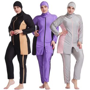 Muslimsk badkläder Hijab Muslimah Islamiska baddräkt Full Cover Zipper Patchwork Burkini Plus Size246Z