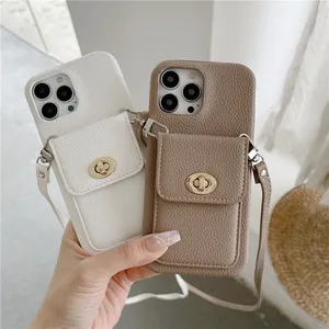 Luxury Crossbody Litchi Pattern Vogue Phone Case for iPhone 15 Plus 14 13 12 11 Pro Max XR XS Sturdy Shoulder Card Slot Lychee Grain Leather Wallet Bracket Back Cover