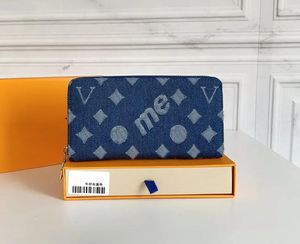 Portafoglio da uomo di design Portafogli da donna di lusso per uomo Porta carte con cerniera a forma di fiore Porta carte lungo Pochette piccola in denim di alta qualità con scatola originale e sacchetto per la polvere