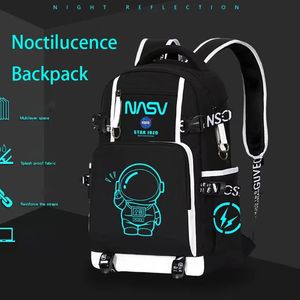 Школьные сумки Ночной флуоресцентный студенческий школьный рюкзак с принтом космонавта USB-зарядка большой емкости водонепроницаемый детский рюкзак Многофункциональные сумки 231016