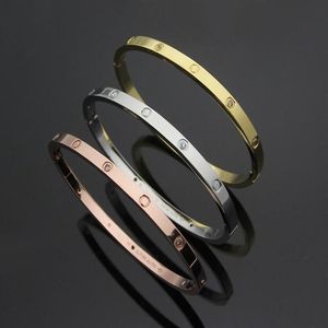 Size 17cm 5 8 4 8cm width 0 5cm women Hip hop girl deluxe thin bangle jewelry 316L stainless steel silver gold rose love easy lock279Z