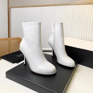 Casual Side Zipper Meia Bota Mulheres 10cm Salto Alto Cabeça Redonda Botas de Designer de Luxo Couro Genuíno Zíper Lateral Decoração de Cristal Preto Branco Botas de Moda