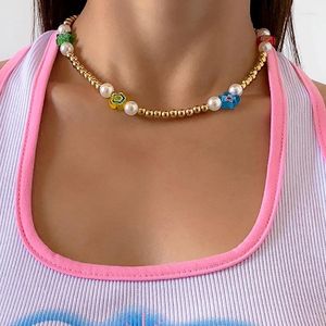 Pendant Necklaces VSnow Statement Simulation Pearl Gold Color Ball Beaded Chokers Necklace For Women Asymmetry Glass Flowers Jewellery