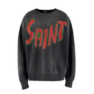 Saint Michael Fw Washed Old Embroidery Letter Round Neck Sweater High Street Fashion Brand Sweatshirt