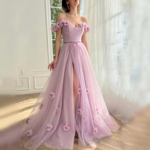 Tulle Off The Shoulder Prom Dresses for Women Floral Formal Party Gown 3D Flower Evening Dress with Pocket