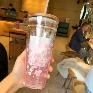 Starbucks Drink Mug Pink Cherry Blossom stor kapacitet Klar frostat glas med sippy kopp kaffemugg
