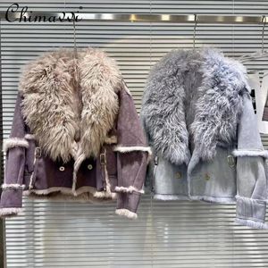 Women's Leather High-end Jacket 2023 Winter Clothes Streetwear Lamb Fur Collar Warm Coat Lady Elegant Long Sleeve Coats