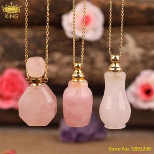 Unique Roses Quartz Stone Perfume Bottle Gold Chains Necklace For Women Pink Crystal Diffuser Vial Summer Boho Jewelry Whole P293d