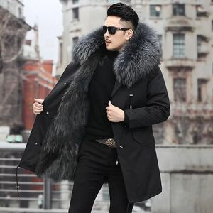 Men's Leather Faux Thick Warm Coat Men Winter Parker Medium and Long Fur In One Thermal Jacket Detachable Liner 231016
