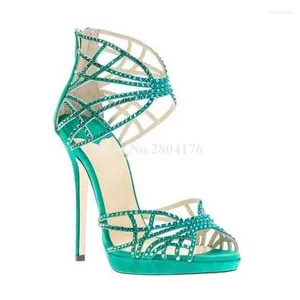 Sandálias Bling Mulheres Moda Peep Toe Camurça Couro Plataforma Gladiador Azul Bege Cristal Vestido de Salto Alto