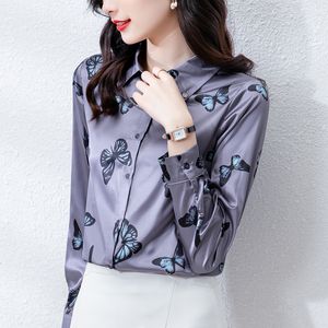 Butterfly Print Satin Shirt Woman Designer Purple Button up Shirts Autumn Winter Lapel Casual Versatile Runway Blouses Plus Size 2023 Office Ladies Formal Tops