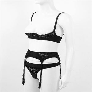 Conjunto de lingerie erótica feminina com acabamento em renda, alças ajustáveis, 1/4 copos com fio, sutiã top com cinta-liga e tanga, roupa íntima 224s