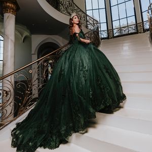 Schwärzlich grüner Schatz aus der Schulter Quinceanera-Kleider Tüll-Spitze-Applikationen-Abschlussballkleid Vestido De 15 Anos mit Perlenstickerei süß