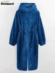 Женское меховое пальто из искусственного меха нерадзурри, зимнее длинное, толстое, теплое, синее, белое, черное, из искусственного меха, женское с капюшоном на молнии, свободная роскошная пушистая курткаL231016