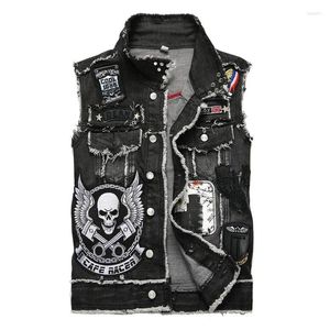 Men's Vests Denim Waistcoat Sleeveless Vestautumn Punk Vest Patch Embroidery Ing Skull Nailed Black Badge Motorcycle Coat