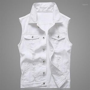 Hole Denim Waistcoat Men White Jeans Vest Solid Rock Vests For Men Fashions Summer Sleeveless Jacket 5xl Punk Biker Ripped1304n