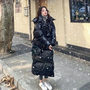 Women's Down Winter Clothes Women 2023 Korea Loose Over The Knee Black Shiny Cotton Coat Hooded Puffer Jacket Plus Size Clothing For