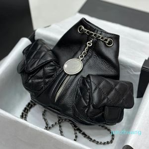 Bolsa crossbody de couro caviar, mochila de três bolsos, mini sapo pequeno, bolsas escolares, mochilas com corrente, bolsas pretas e marrons 17cm