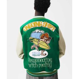 Men's Jackets Hip hop baseball jacket men's card communication flocked patch autumn loose winter bomber school team jacket green high street jacket x1016