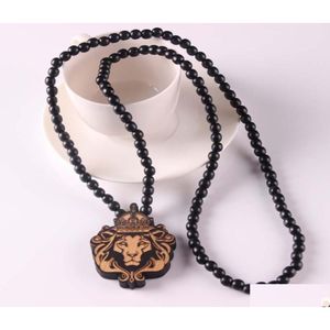 Pendant Necklaces Good Wood Chase Infinite Deep Brown Lion Head Wooden Beads Necklace Hip Hop Fashion Jewelry Animal For Women Men C Dhdni