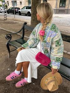 Mulheres Trench Coats Outono Floral Impressão Patchwork Acolchoado Stand Algodão Mulheres Manga Longa Frente Aberta Jaqueta Oversized Chique Elegante