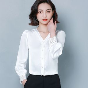 Vintage Satin White Woman Blouses V-Neck Designer Shirts Long Sleeve Autumn Winter Silk Runway Button up Blouses 2023 Office Ladies Casual Versatile Solid Tops