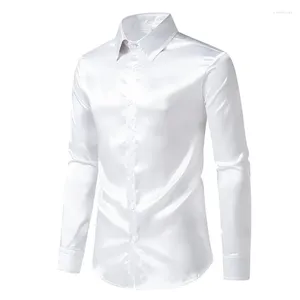Männer Casual Hemden Luxus Glänzende Weiße Seide Satin Hemd Männer 2023 Stilvolle Langarm Button Down Kleid Party Prom Chemise homme XXL
