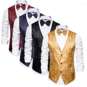 Coletes masculinos Homens Jacquard Terno Colete Preto / Vinho Vermelho Vestido de Festa de Casamento Colete Tamanho XXL-S