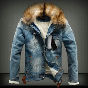 Men's Leather Faux Winter Mens Denim Jacket with Fur Collar Retro Ripped Fleece Jeans and Coat for Autumn S-6XL 231016