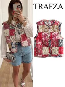 Kvinnors västar trafza 2023 Autumn Fashion Woman Vest Floral Patchwork tryckt ärmlös rund halsknapp Casual vintage Waistcoat