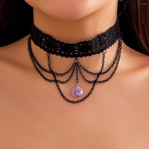 Pendant Necklaces Lacteo Gothic Black Lace Rope Short Necklace Multilayer Corss Chain Tassel Natural Stone Choker Women Jewelry Party Gift