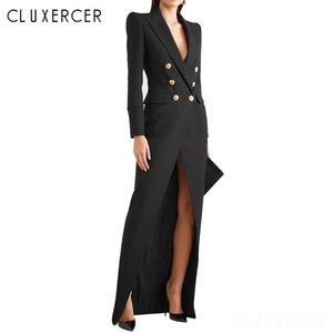 Casual klänningar sexig slits blazer maxi klänning 2021 elegant dubbelbröst långärmad kontor lady party svart bodycon240q