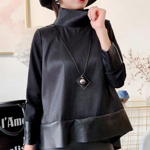 Women's Leather 2023Autumn Women Chiffon Patchwork Sheepskin Genuine Outerwear Tops Loose Fit Turtleneck Jacket Irregular Casual Coa