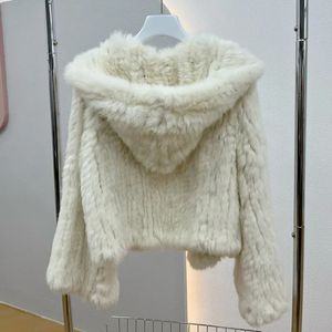 Frauen Pelz Faux Echt Kaninchen Mit Kapuze Mantel Lange Hülse Frauen Casual Lose Gestrickte Echte Jacke Mit Kapuze Weibliche Natürliche outwear 231016