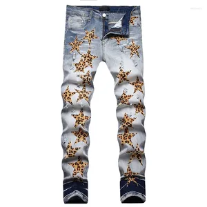 Men's Jeans Leopard Star Embroidered Autumn Winter Slim Fit Stretch Ripped Hole Denim Pants Punk Style Streetwear 28-42