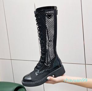 Designers Desert Black Brushed Leather and Mesh Boots Knee Lace Up Boot For Women Thigh High Martin Boots Lady Fashion Booties