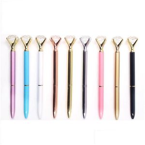 Ballpoint Pens Wholesale Big Carat Diamond Crystal Pen Gem Ballpoint Ring Wedding Office Metal Roller Ball Rose Gold Sier Pink Office Dhqjb