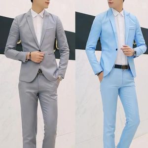 Erkekler Takımlar 1 Düğme Yakası Erkek Ofis Katı Kollu Uzun Giyim Erkekler Blazer 2pcs/ Takım Moda Düğün Toplantı Pantolonları için İnce Renk