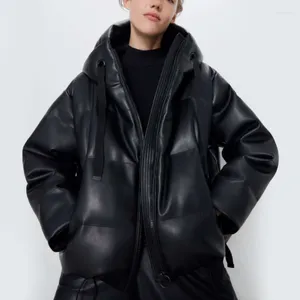 女性のトレンチコートJMPRS冬の女性Pu Parkasヴィンテージブラックフェイクレザージャケットストリートウェア女性パフジッパーファッションフード付き