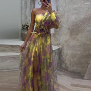 Casual Dresses Lady Evening Gown Classic Elegant One Shoulder Loose Swing High Split Sexy Party Dress Fashion Women Floral Print Boho Long