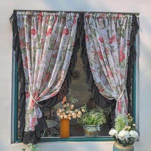 Curtain 2PCS Red Floral Sheer Short Curtains For Cafe Kitchen El Vintage Black White Ruffled Lace Shabby Delicate Valance Tier Drapes