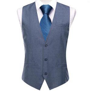 Men's Vests Formal Silk Vest Fashion Grey Blue Slim Waistcoat Neck Tie Hanky Cufflinks Set For Male Suit Wedding Party Designer Hi-Tie