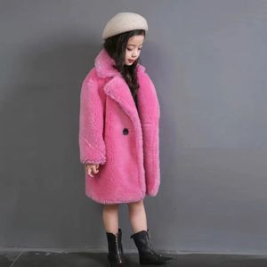 Jackor 2023 Vinterkläder för flickor Trench Coat Shorn Sheepskin Solid Color Long Overcoat Unisex Thicken Päls Slå ner Coolar 231016