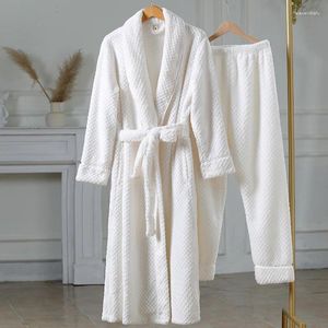 Women's Sleepwear Winter Robe Set Couple Warm Flannel Bathrobe With Pants Long Sleeve Nightgown Kimono Bath Gown Thick Peignoirs