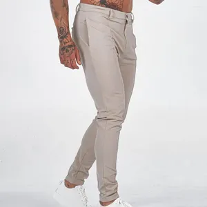 Мужские брюки с эластичной резинкой на талии, дышащие брюки среднего бизнеса, облегающие однотонные брюки длиной до щиколотки с косыми карманами на пуговицах