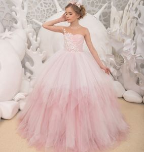 Ivory Blush Flower Girl Dress 2024 Illusion Neck Ballgown Comprimento Total Ruffles Tulle Ombre Criança Infantil Little Kid Pageant Vestido Cocktail Party Aniversário Comunhão