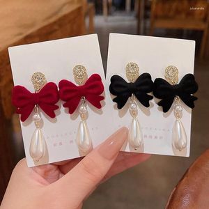 Dangle Earrings Red Bowknot Bow For Women Vintage Pearl Waterdrop Long Tassel Fairy Christmas Jewelry Gift Fall Winter