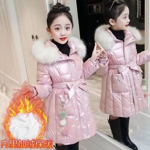 다운 코트 광택 두꺼운 따뜻한 코트 겨울 큰 어린이 후드 가루 가루 겉옷 캐시 미어 파카 스노우 슈트 재킷 여자면 의류 231016
