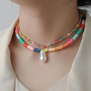 Pingente colares boêmio colorido macio cerâmica arroz grânulos imitação colar de pérolas para mulheres multi camadas acessórios de jóias